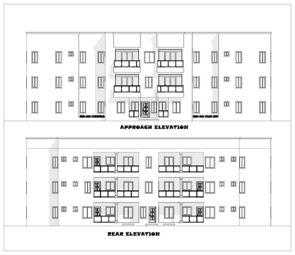 Block of flats: approach and rear elevations